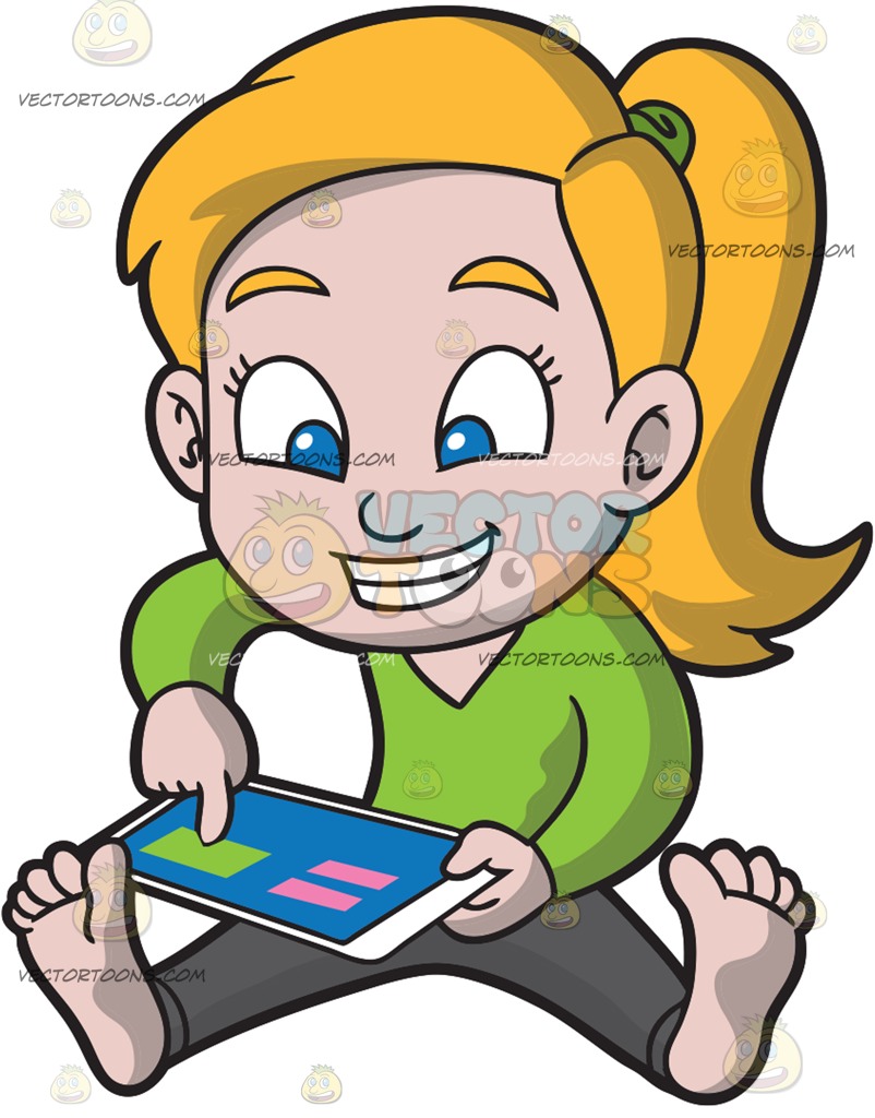 802x1024 A Girl Playing An App On Her Mobile Tablet Cartoon Clipart