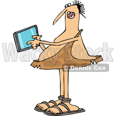 400x400 Clipart Of A Cartoon Chubby Caveman Holding And Using A Tablet