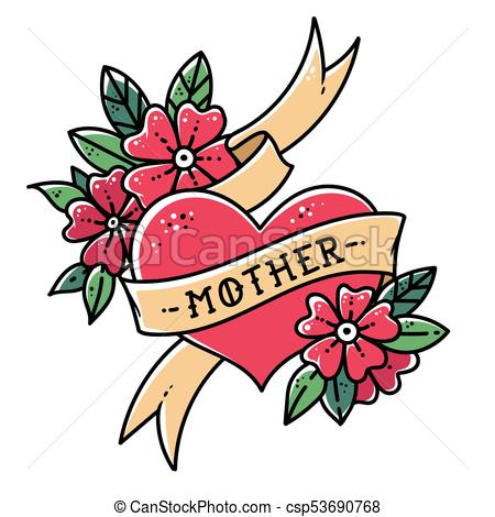 450x470 Tattoo Heart With Ribbon, Flowers And Word Mother. Old Clip Art