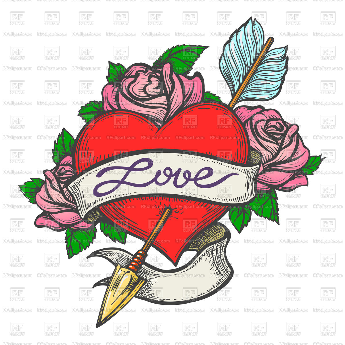 1200x1200 Heart Pierced By Arrow With Ribbon In Tattoo Style Royalty Free