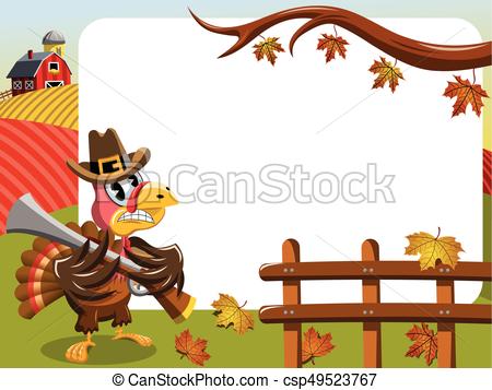 450x357 Thanksgiving Day Horizontal Frame Pilgrim Angry Turkey Clip Art