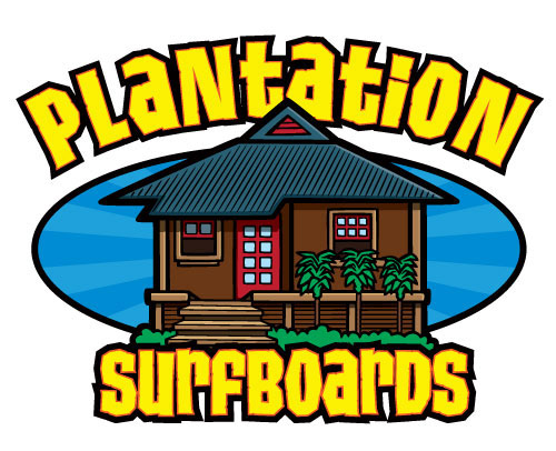 500x406 Hawaiian Tiki Hut Surfboard Cartoon Logo Illustration Coghill
