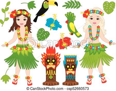 450x353 Vector Hawaiian Set With Beautiful Young Girls, Tiki Masks, Birds