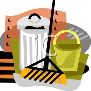 300x300 Clip Art Image A Rake Propped Against A Trash Can And A Bucket