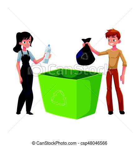 450x470 Man, Woman Putting Garbage Into Trash Bin, Waste Recycling Clip