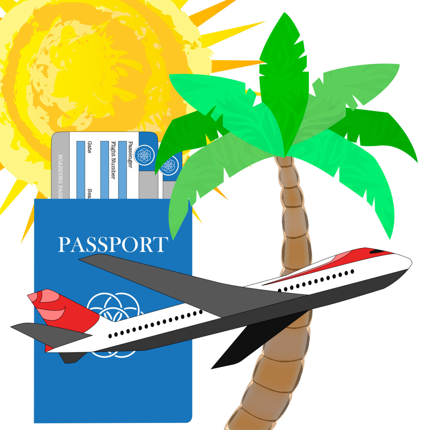 1500x1500 Travel, Vacation, Suitcase, Passport, Airplane, Palm Tree, Clipart