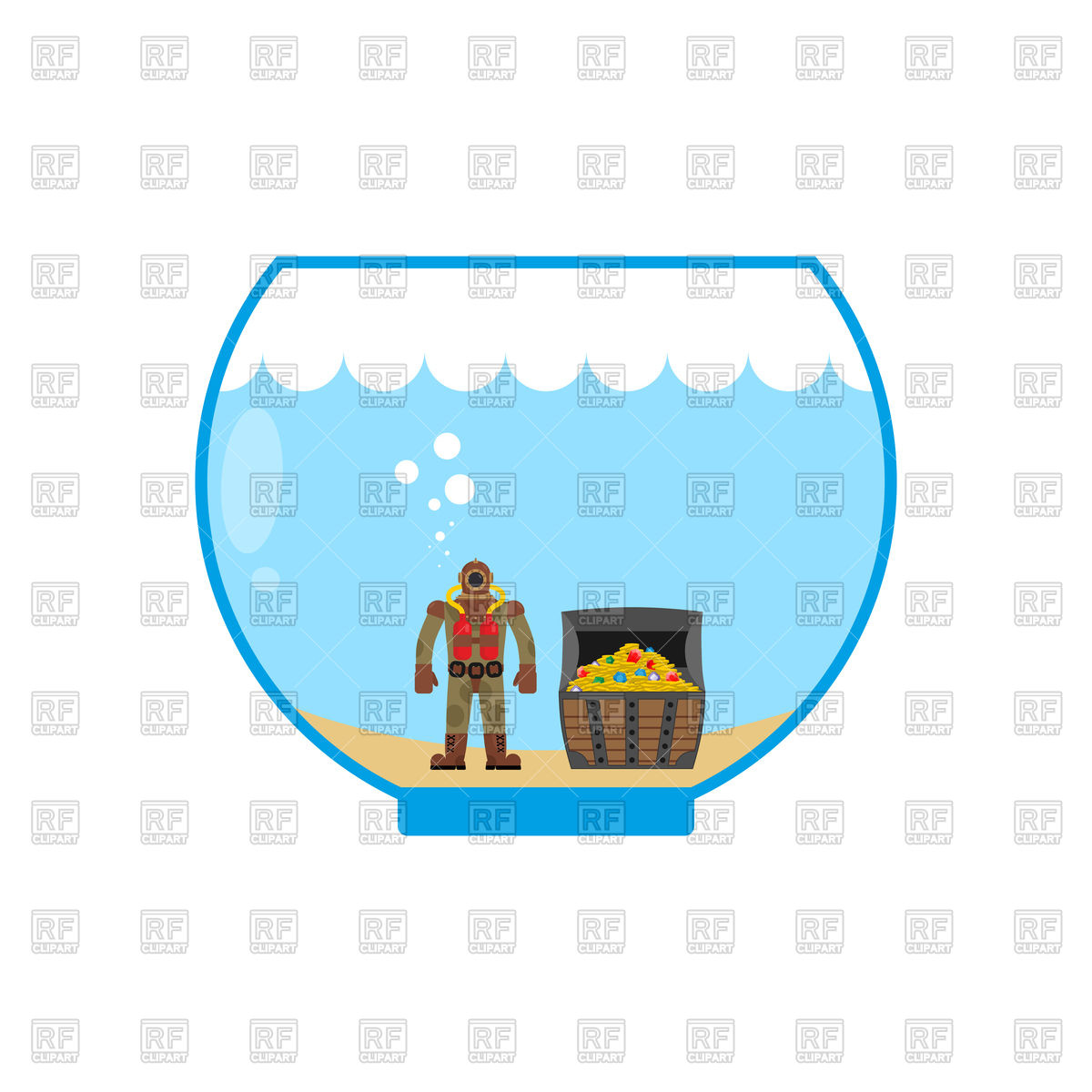 1200x1200 Diver And Treasure Chest In Aquarium. Royalty Free Vector Clip Art
