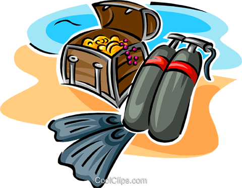 480x373 Scuba Equipment And Treasure Chest Royalty Free Vector Clip Art