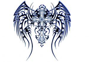 300x210 Cross With Tribal Wings Tribal Angel Wings Tattoo Designs