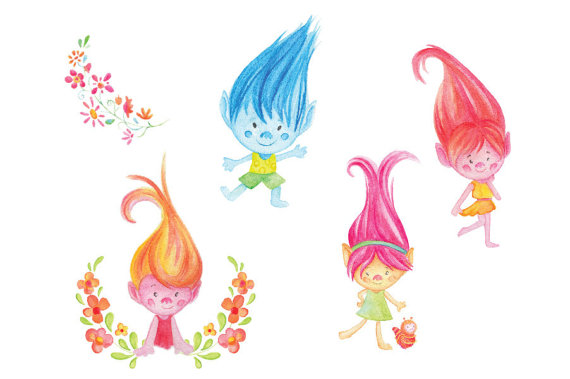 570x379 Trolls. Watercolor Clip Art Cute Characters Dolls Happy