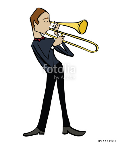 411x500 Cartoon Trombonist. Musician Playing A Trombone. Clipart, Hand