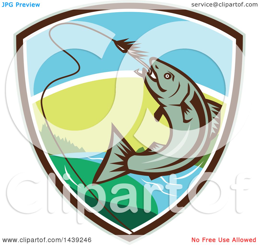 1080x1024 Clipart Of A Retro Trout Fish Jumping To Bite A Hook In A Shield
