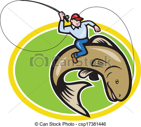 450x404 Fly Fisherman Riding Trout Fish Cartoon. Illustration Of A Eps