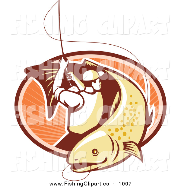 600x620 Clip Art Of A Retro Trout Fisher Man Reeling In A Fish Over