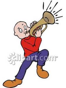 225x300 Bald Man Blowing A Trumpet Royalty Free Clipart Picture