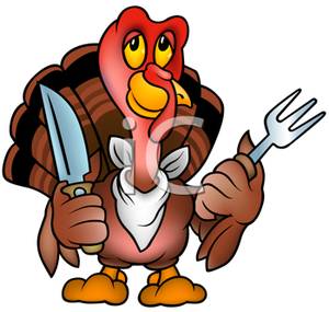 300x285 Clip Art Image A Cartoon Turkey With A Knife And Fork