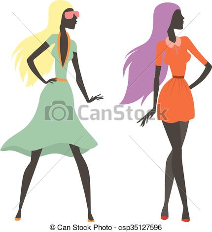 430x470 Two Beautiful Girls Walking Flat Illustration. Friends Eps