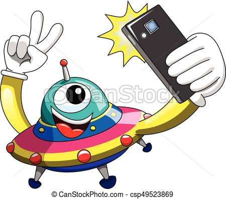 450x396 Cartoon Alien Ufo Spaceship Selfie Smartphone Isolated . Clip