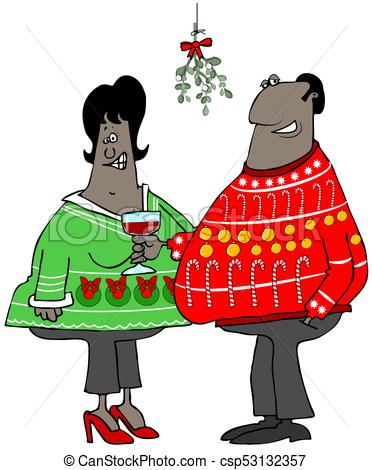 372x470 Couple Standing Under The Mistletoe. Illustration Of A Black