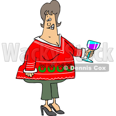 400x400 Clipart Of A Cartoon Chubby White Woman Holding A Glass Of Wine