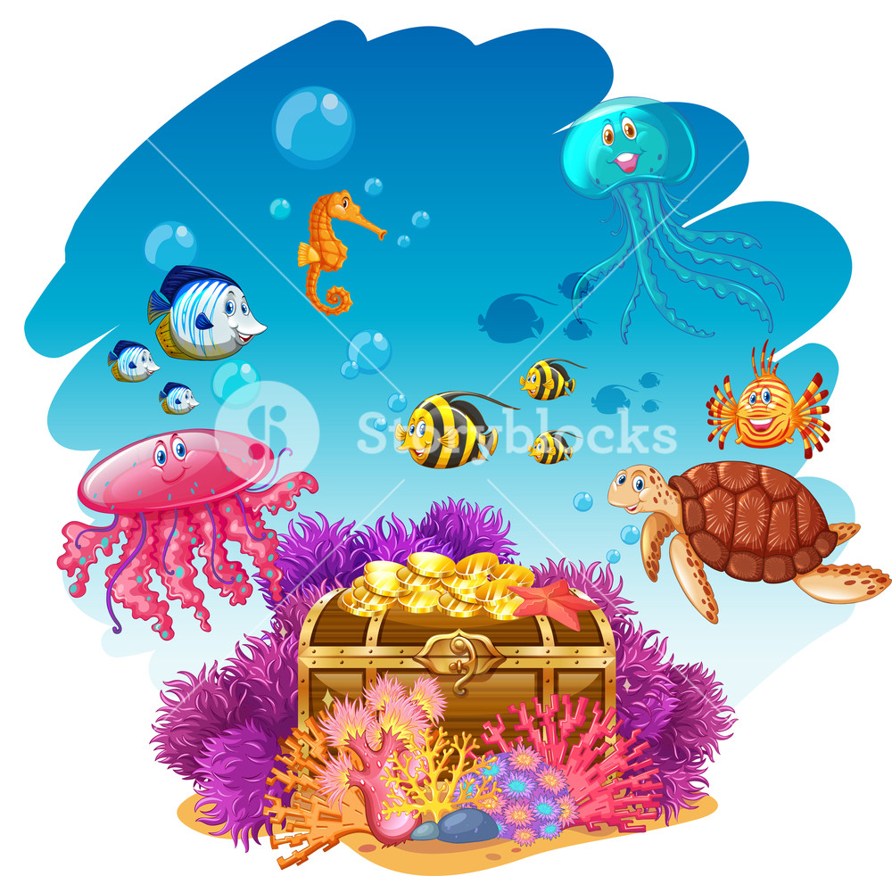 1000x982 Treassure Chest And Sea Animals Underwater Illustration Royalty