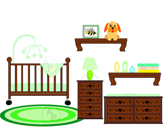 570x441 Baby Unisex Neutral Nursery Crib Changing Table Digital Clip Art