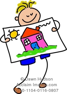 214x300 Clipart Image Of A Happy Little Boy Holding Up His Painting Of A House
