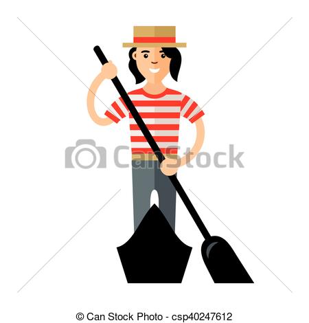 450x470 Vector Venice Gondola, Gondolier Rowing Oar. Flat Style Vector