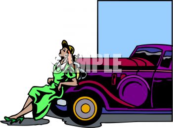 350x259 Royalty Free Clip Art Image Woman Leaning On A Vintage Car