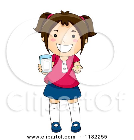450x470 Cartoon Of A Happy Brunette Girl Holding A Cup And A Vitamin