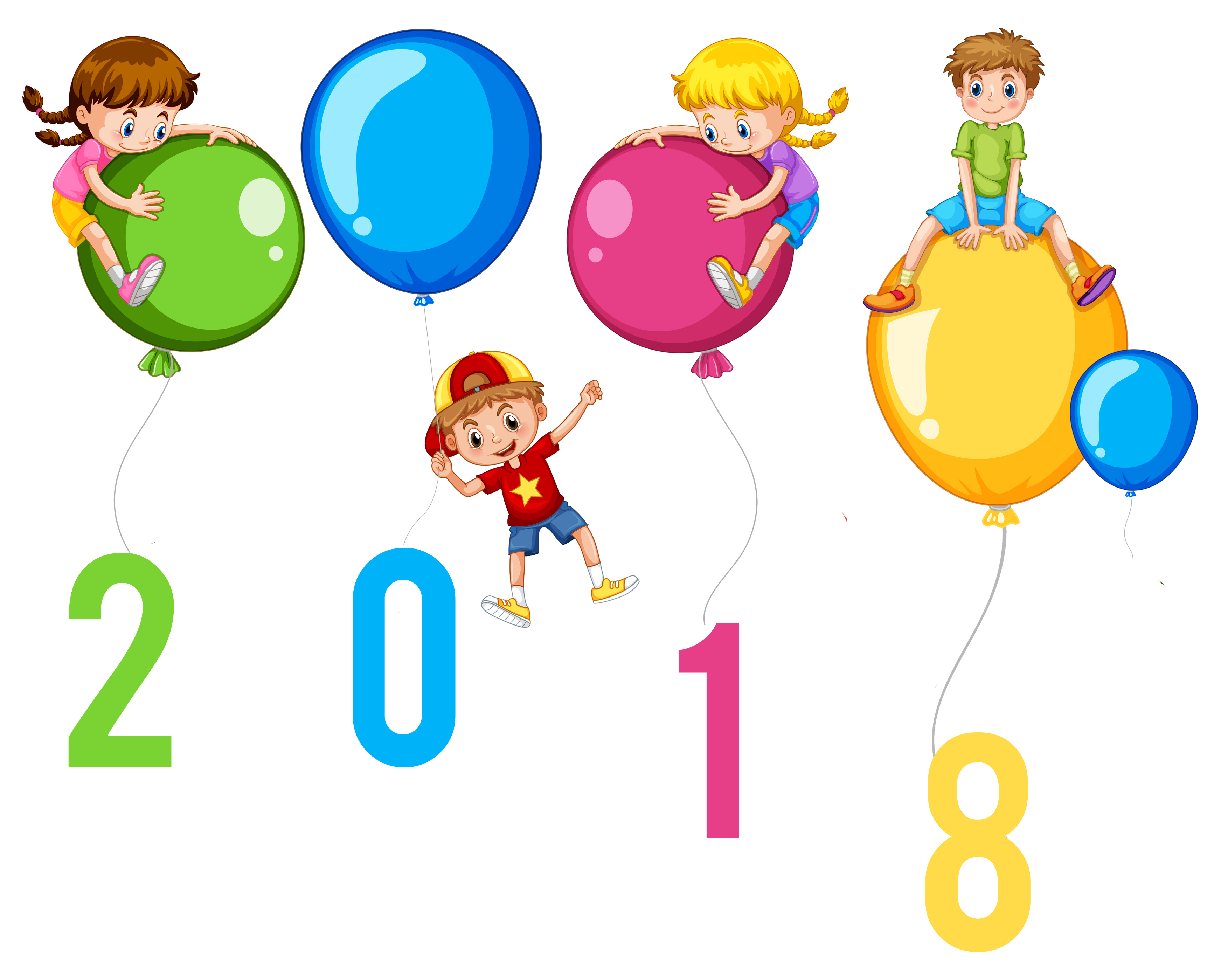 3487x2798 Happy New Year 2018 Kids With Balloons Clip Art Image