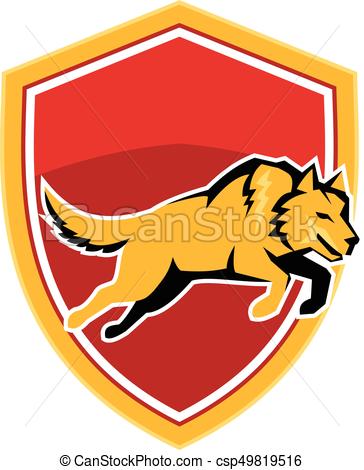 364x470 Wolf Jumping Crest Shield Retro. Illustration Of An Orange