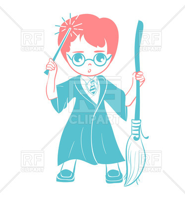 373x400 Icon Of A Wizard Boy With Magic Wand And Broom Royalty Free Vector