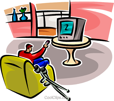 480x427 Man Watching Tv With Crutches Royalty Free Vector Clip Art