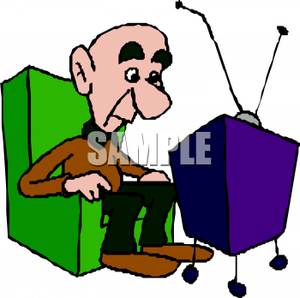 300x298 Clip Art Image An Elderly Bald Man Sitting In A Chair Watching Tv