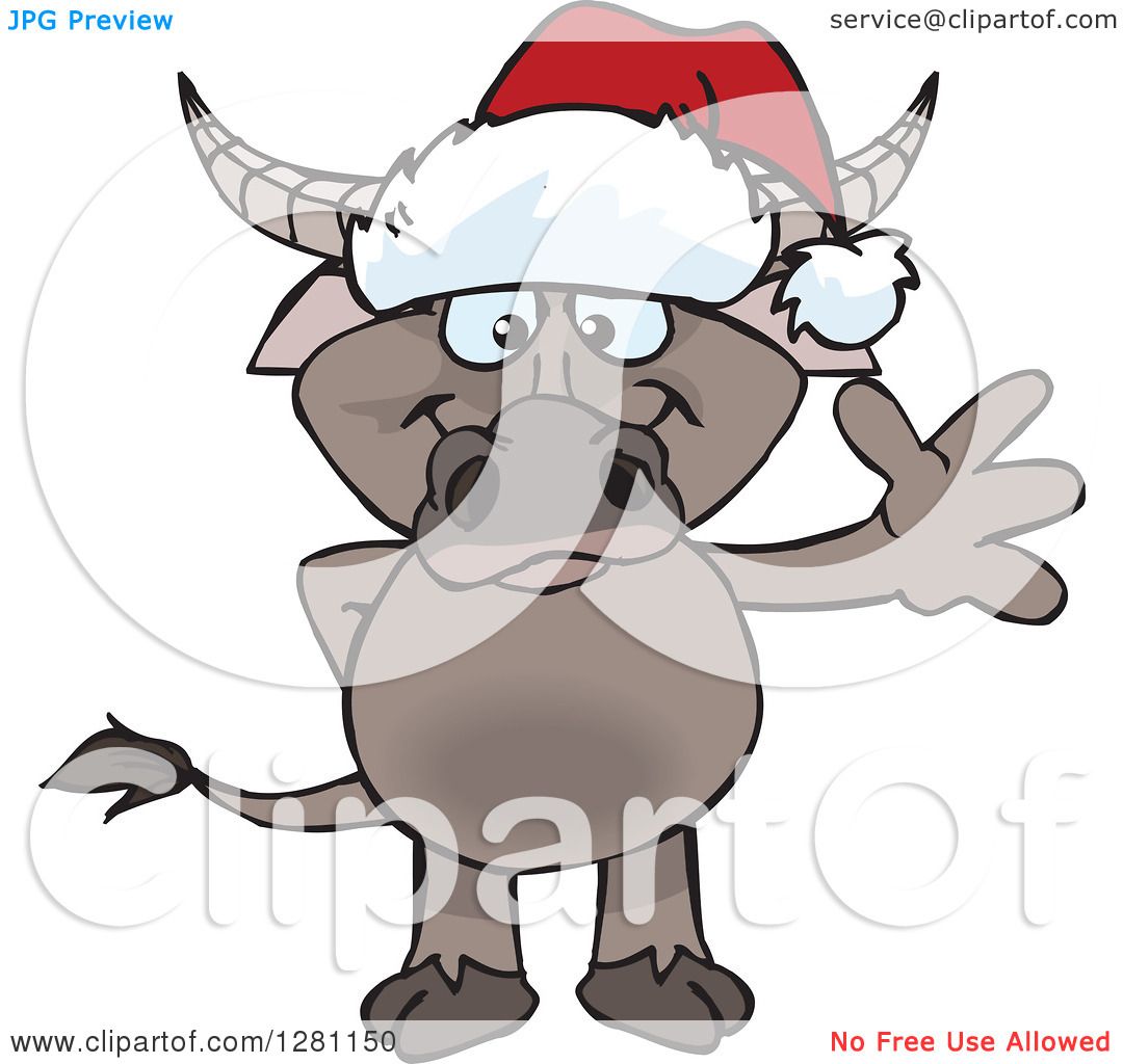 1080x1024 Clipart Of A Friendly Waving Buffalo Wearing A Christmas Santa Hat