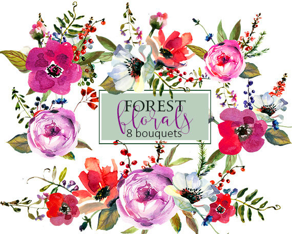 570x456 Purple Watercolor Flowers Clipart Set Wedding Floral Bouquets