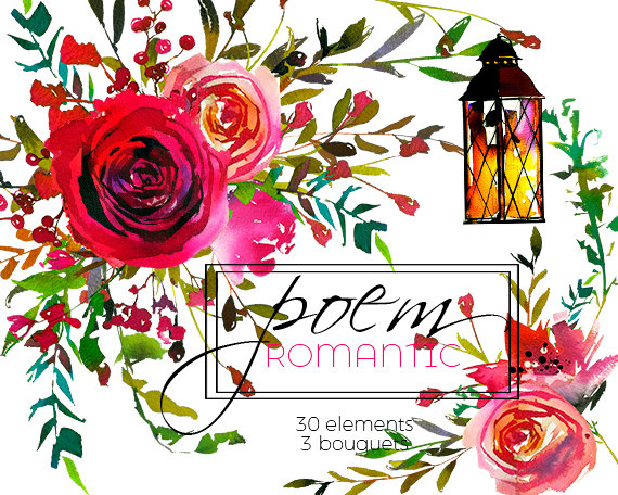 570x456 Watercolor Floral Clipart Red Purple Pink Burgundy Roses