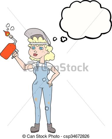 380x470 Freehand Drawn Thought Bubble Cartoon Woman Welding.