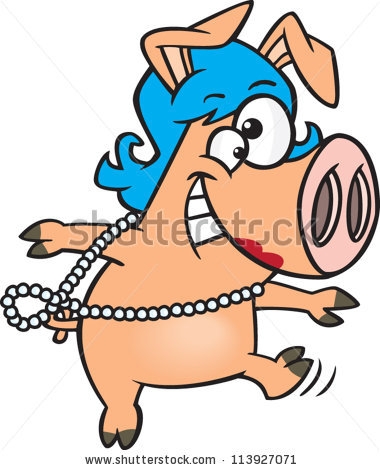 380x470 Clip Art Pig Wearing Blue Wig Pearl Necklace Stock Vector