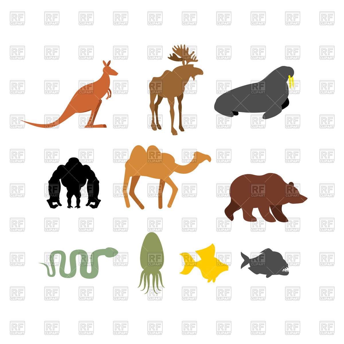 1200x1200 Set Of Wild Animals. Silhouettes. Royalty Free Vector Clip Art