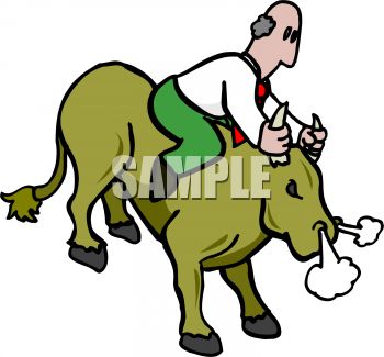 350x325 Clip Art Image Of A Bald Man On A Wild Bull Holding On Tight