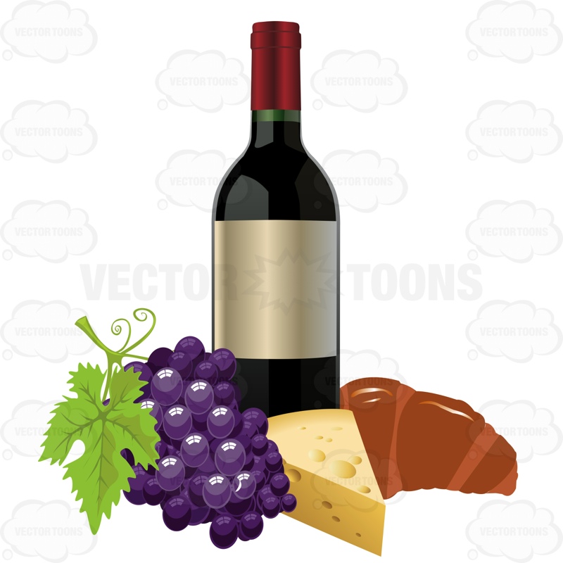 800x800 Wine Bottle With Grapes Cheese And A Croissant Cartoon Clipart