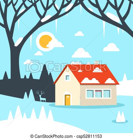 450x470 Winter Vector Flat Design Landscape With House On Field Clipart