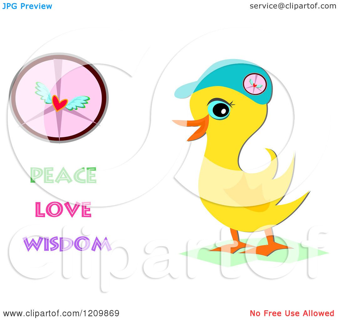 1080x1024 Cartoon Of A Yellow Duck With Peace Love Wisdom Text And Symbols