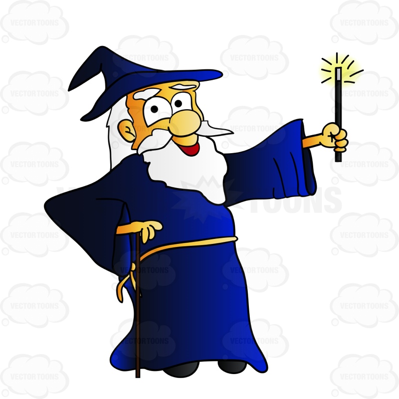 800x800 Happy Old Wizard Holding Up A Wand Cartoon Clipart Vector Toons
