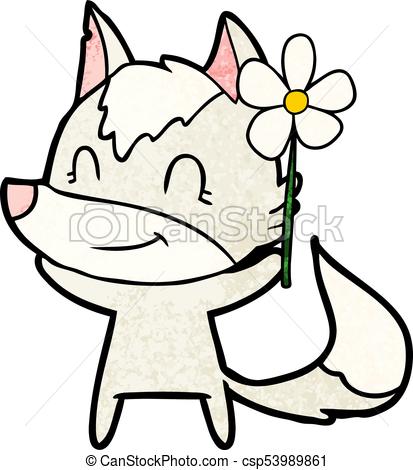 413x470 Friendly Cartoon Wolf With Flower Clip Art Vector