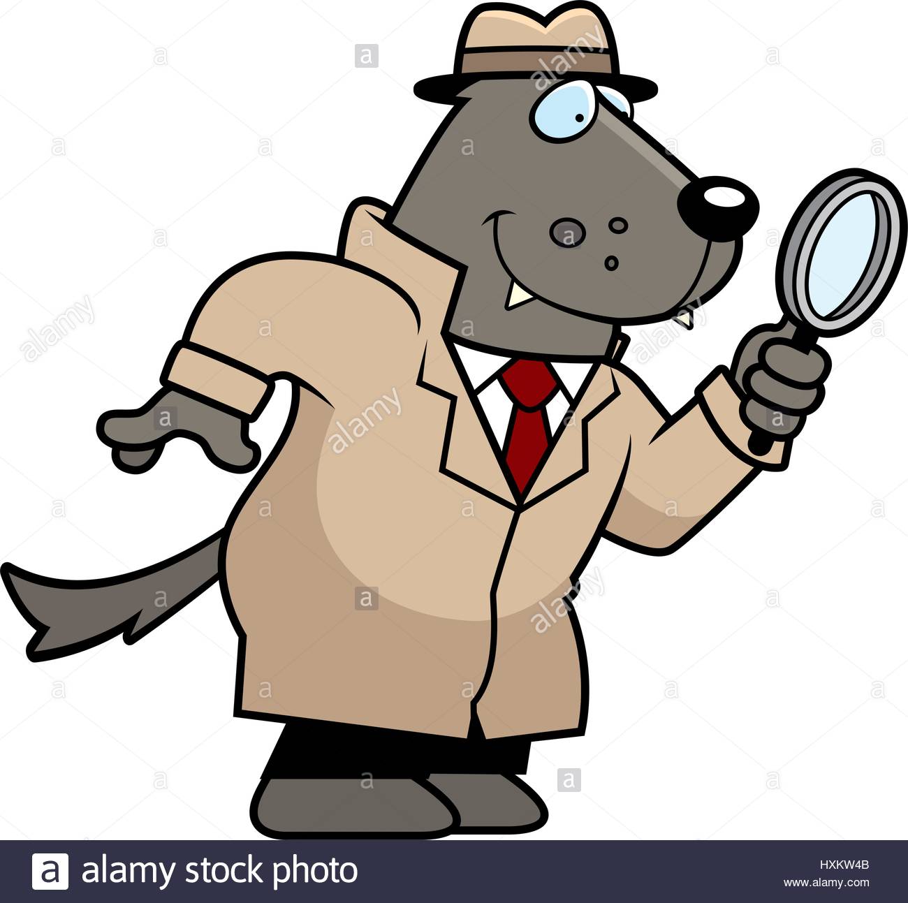 1300x1293 A Cartoon Illustration Of A Wolf Detective Investigating Stock
