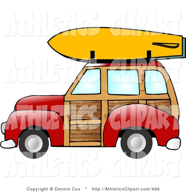 600x620 Clip Art Of A Red Woody Car With A Yellow Surfboard On The Roof