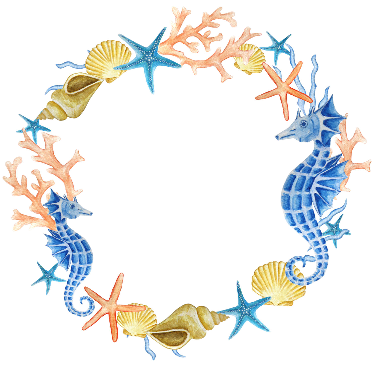 1500x1500 Watercolor Wreath Clipart, Sea Clipart, Ocean Wreath, Seahorse